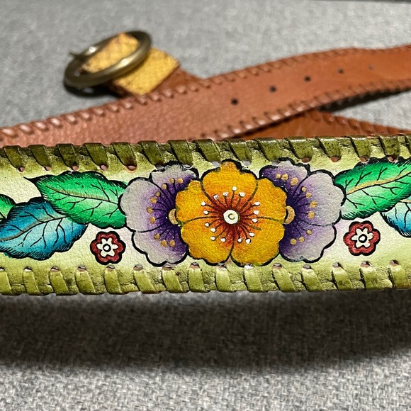 Colorful Belt bronze buckle stitched edges painted floral‎ snake pattern 34-38 - Picture 6 of 14